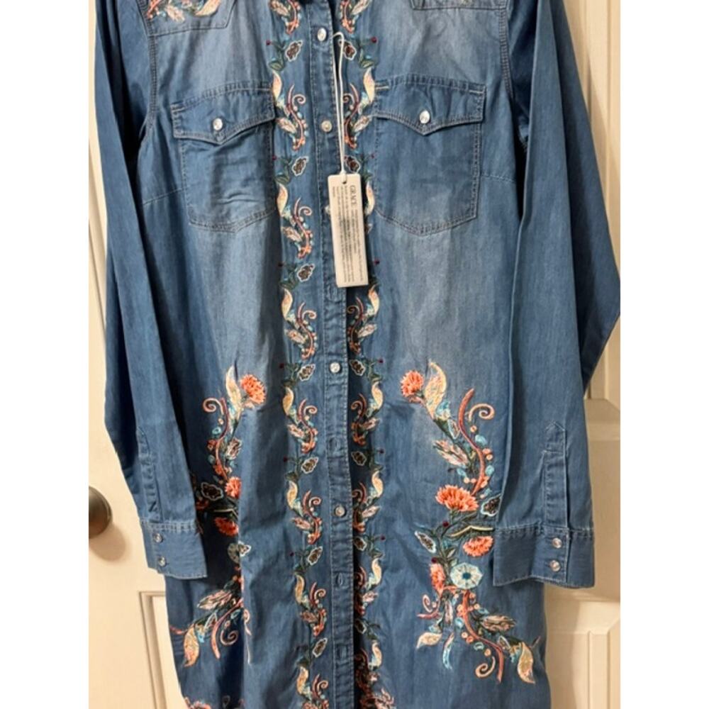 Grace in LA Light Blue Embroidered Denim Long Sleeve Shirt Dress M - Picture 4 of 11